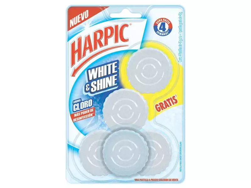BAÑOS PASTILLA ACUATICA CLORO WHITE / SHINE ITC 5X90GR. - 714992 HARPIC